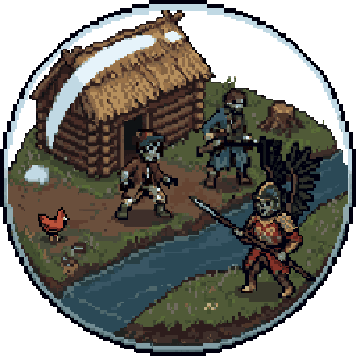 The hussar world's orb from the world tree: a village by a river, a zombie hussar with wings