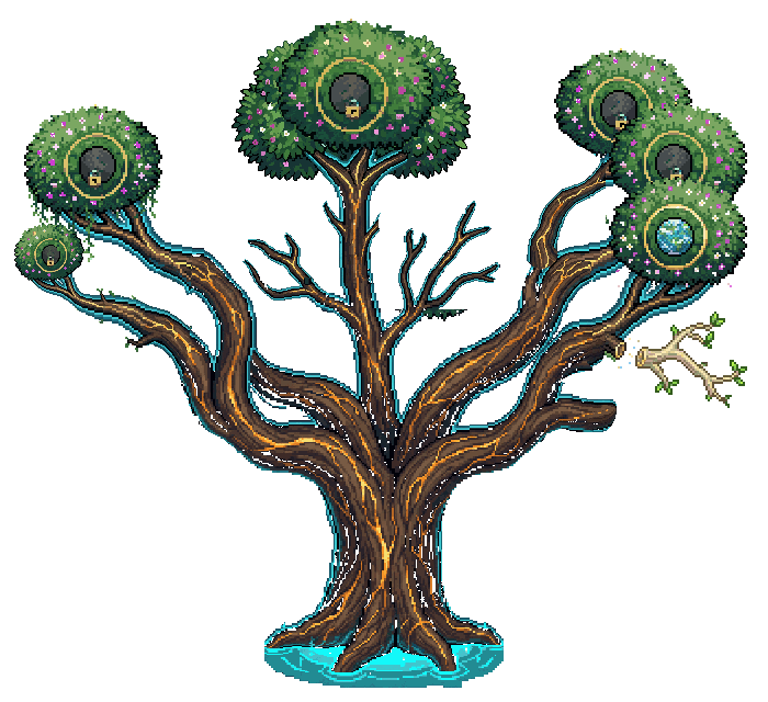 The world tree from the hero's base. Each branch holds a world; the locked orbs are worlds that aren't open yet.